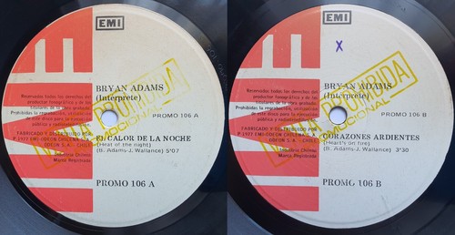 BRYAN ADAMS HEAT OF THE NIGHT/HEARTS ON FIRE 1977 (!!!) PROMO ONLY CHILEAN PRESS