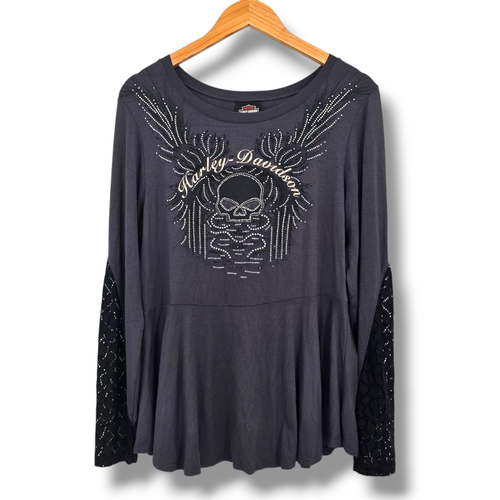 Harley Davidson Women's Lace Sleeve Peplum Bling Rhinestone Skull Top Size Large