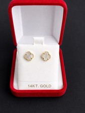 14K Yellow Gold Mother of Pearl Clover Stud E...