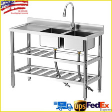 Stainless Steel Utility Sink 47"x18"x35" Free Standing Double Bowl Sink w/Faucet