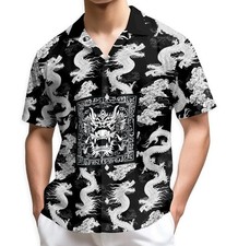 Japanese Dragon Hawaiian Shirt, Black & White Sakura Art, Unisex Shirt