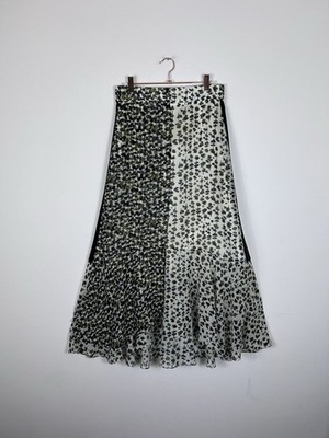 ME+EM Printed Midi Fluted Hem Skirt UK 10 Olive Green Black Sheer Overlay Chic