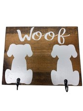 Wood Dog Leash Hook Wall Rack Woof Sign Rustic Farmhouse Entryway 11.75x9