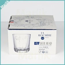 Set of 4 LA ROCHERE Glass Deer Head Tumbler Drinking Glasses 3.5" H, 10.5 OZ New