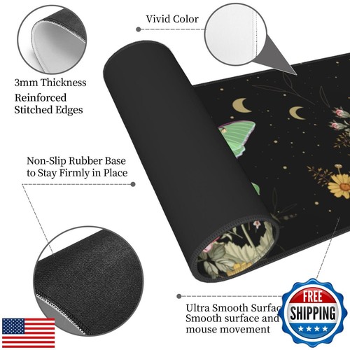 Moon Phase Moth Garden Black XXL XL Large Gaming Mouse Pad for Desk, Non-Slip - Afbeelding 4 van 5