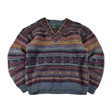 Vtg JJ Farmer Shetland Wool Fair Isle Sweater Large V-Neck Grandpa Cottagecore