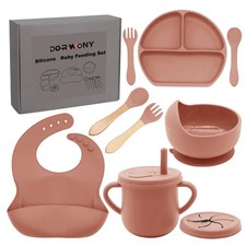 Silicone Baby Feeding Set 9 Pcs - Bib, Divided Plate, Bowl, Sippy Cup, Utensils