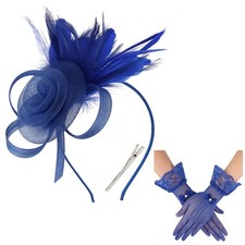 Fascinators Hats for Women and Lace Gloves Tea Party Set Royal Blue
