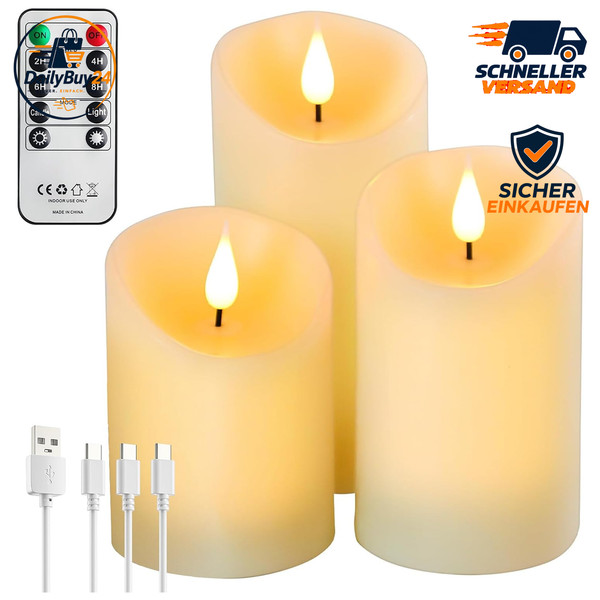 LED Kerzen 3Er-Set Aufladbar Dimmbar Mit Fernbedienung Timer FüR Dekoration-image