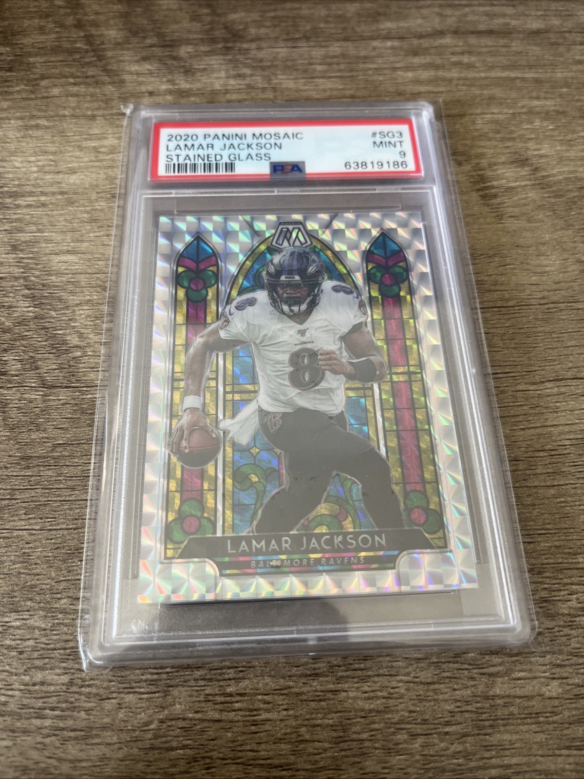 2020 Panini Mosaic Lamar Jackson Stained Glass Baltimore Ravens SG3 PSA 9