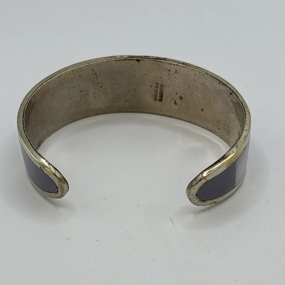 Vintage Cuff Bracelet Purple Mother of Pearl Daisy Abalone Inlay Alpaca Mecico - Image 2 of 2