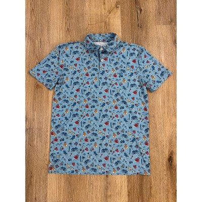 Southern Tide Polo Shirt Boys XL Blue Beach Print Performance Stretch Preppy