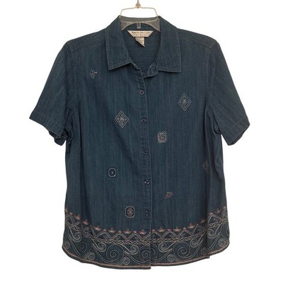 Vintage Embroidered Denim Napa Valley Blues Womens L 100% Cotton Boho Shirt
