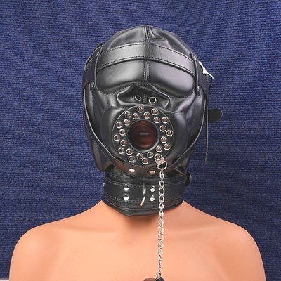 Black Hood Head Harness Mask Open Mouth Gag Muzzle Plug Gimp Bondage for Couple