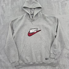 VTG Nike Hoodie Mens XL Gray Y2K Center Swoosh Check Spell Out Logo Sweatshirt