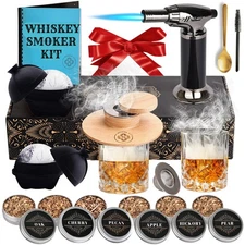 Whiskey Smoker Kit Cocktail Smoker Set with Torch, Glasses, Wood Chips, Ice B...