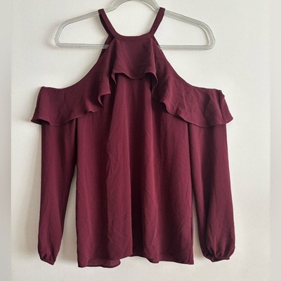 Michael Kors Burgundy Women s Long Sleeve Cold-Shoulder Ruffle Blouse Size M