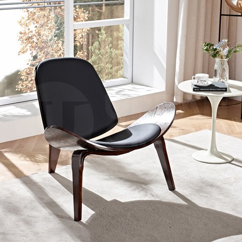 Furb Shell Chair Ash Plywood PU Leather Accent Chair Living Room Black - Picture 7 of 8