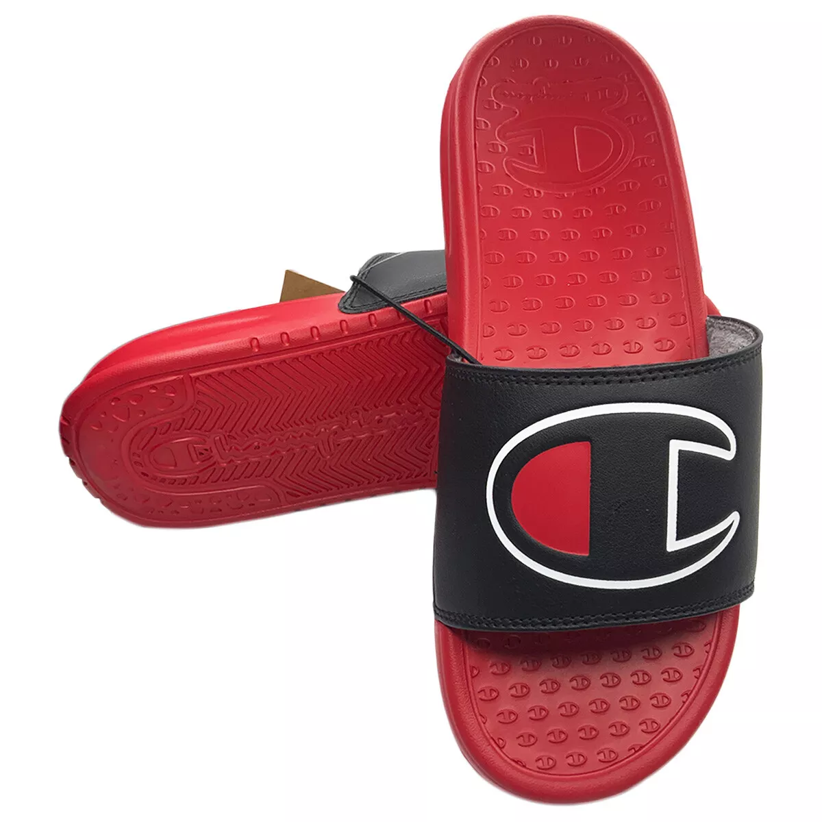 NWT CHAMPION MSRP 44.99 SUPER MEN S RED BLACK SLIP ON SLIDES