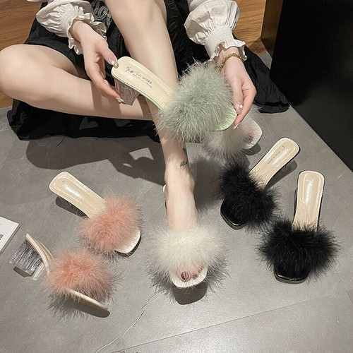Women High Heels Slippers Fluffy Fur Peep Toe Stiletto Party Shoes Sandals Mules