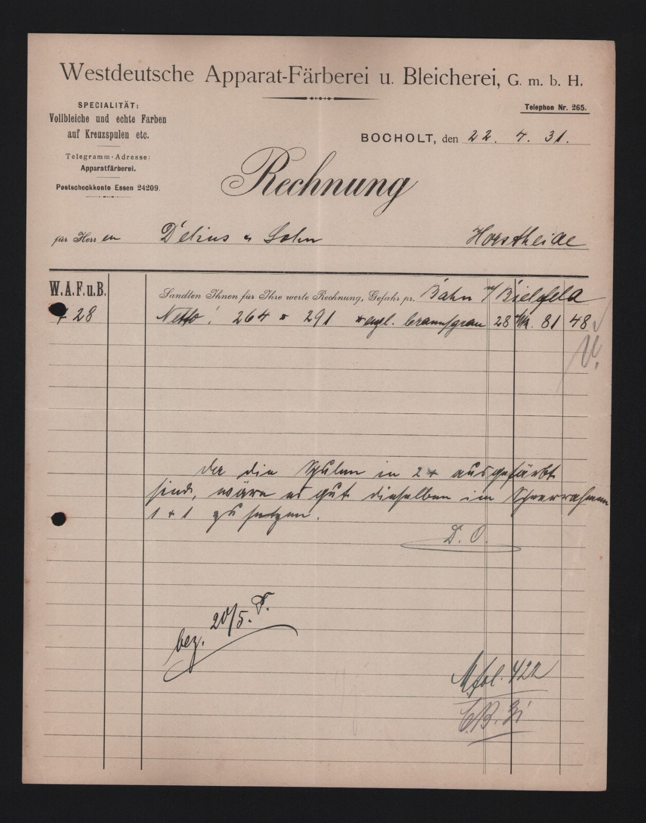 BOCHOLT, Rechnung 1931, Westdeutsche ApparatFärberei Bleicherei GmbH