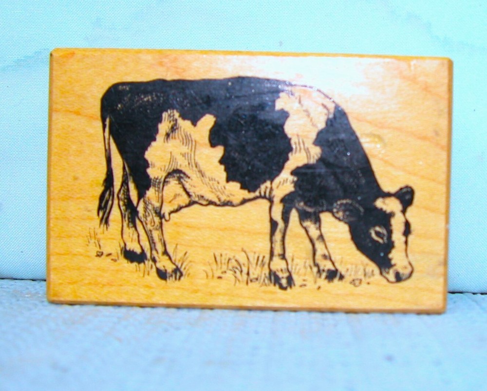Grazing Cow Wood Block Rubber Stamp Label ~ 1999 Gently Used