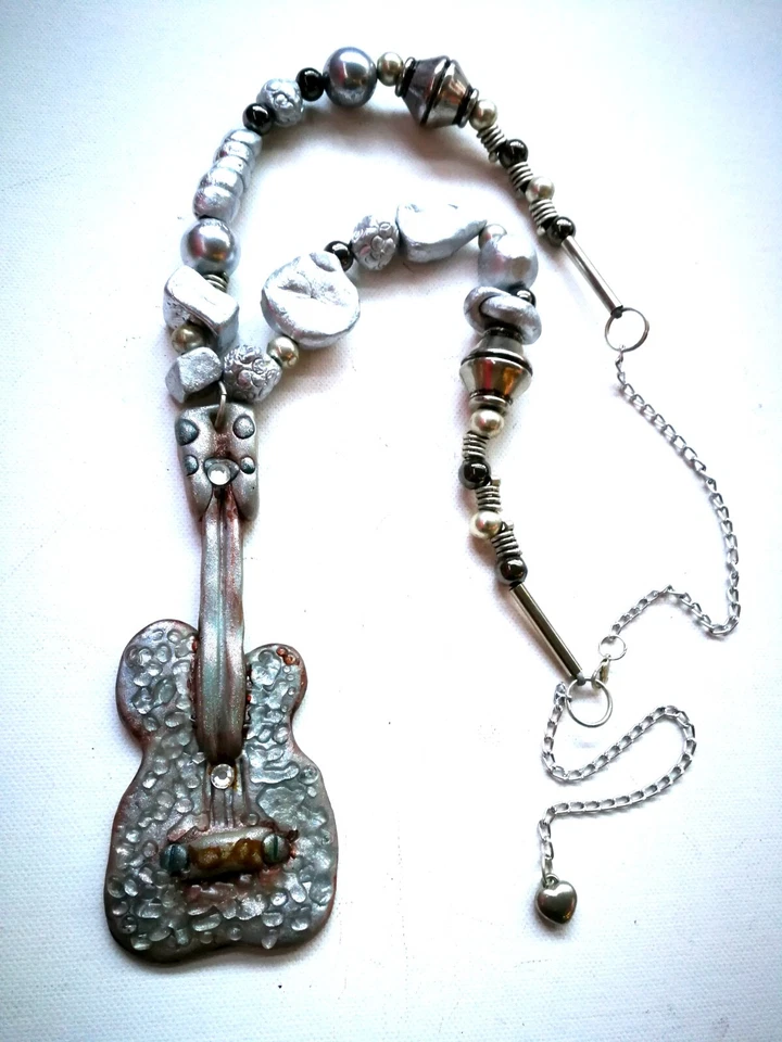 Colgante de Plata Hip Hop Música Guitarra Collar Joyería Rapero Cadena Cuentas Rap Trampa Foto 3 de 4