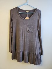Kori America Knit Tunic Mini Dress Boho Crochet Back Stone Wash Wide Ruffle Hem