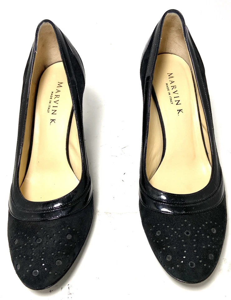 Marvin K Black Suede Pumps With Patent Leather Trim Size 8 Foto 3 de 4