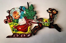 DEER Pulling CHILD in SLEIGH w GIFTS, TREE  * Glitter  CHRISTMAS ORNAMENT *  Vtg