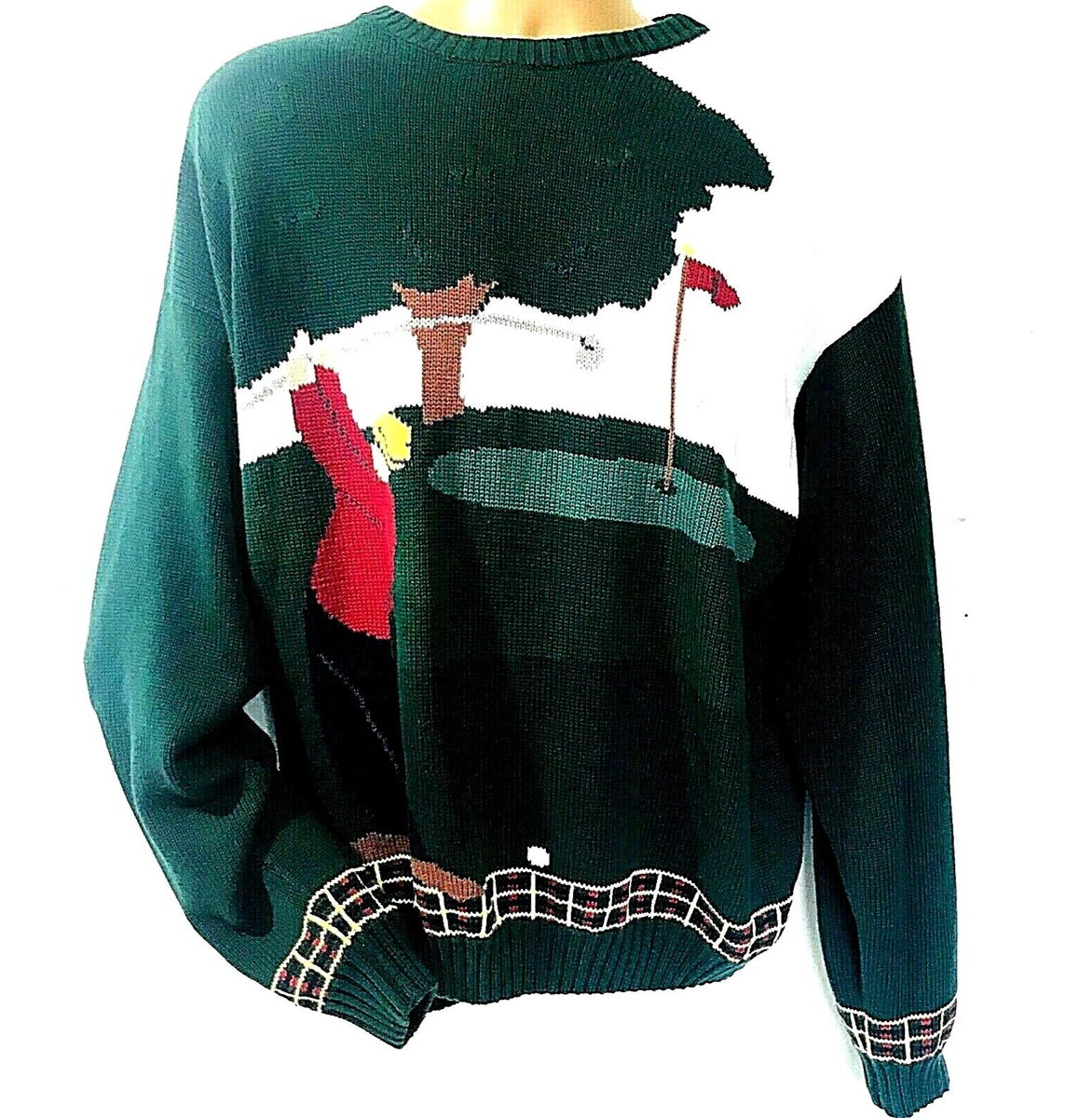 RARE Club Room Sweater L Golf Graphic Green Knit Pullover Cotton