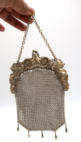 t328 Borsa a mano vintage argento sterling W&L in metallo, maglia a catena argento scritta