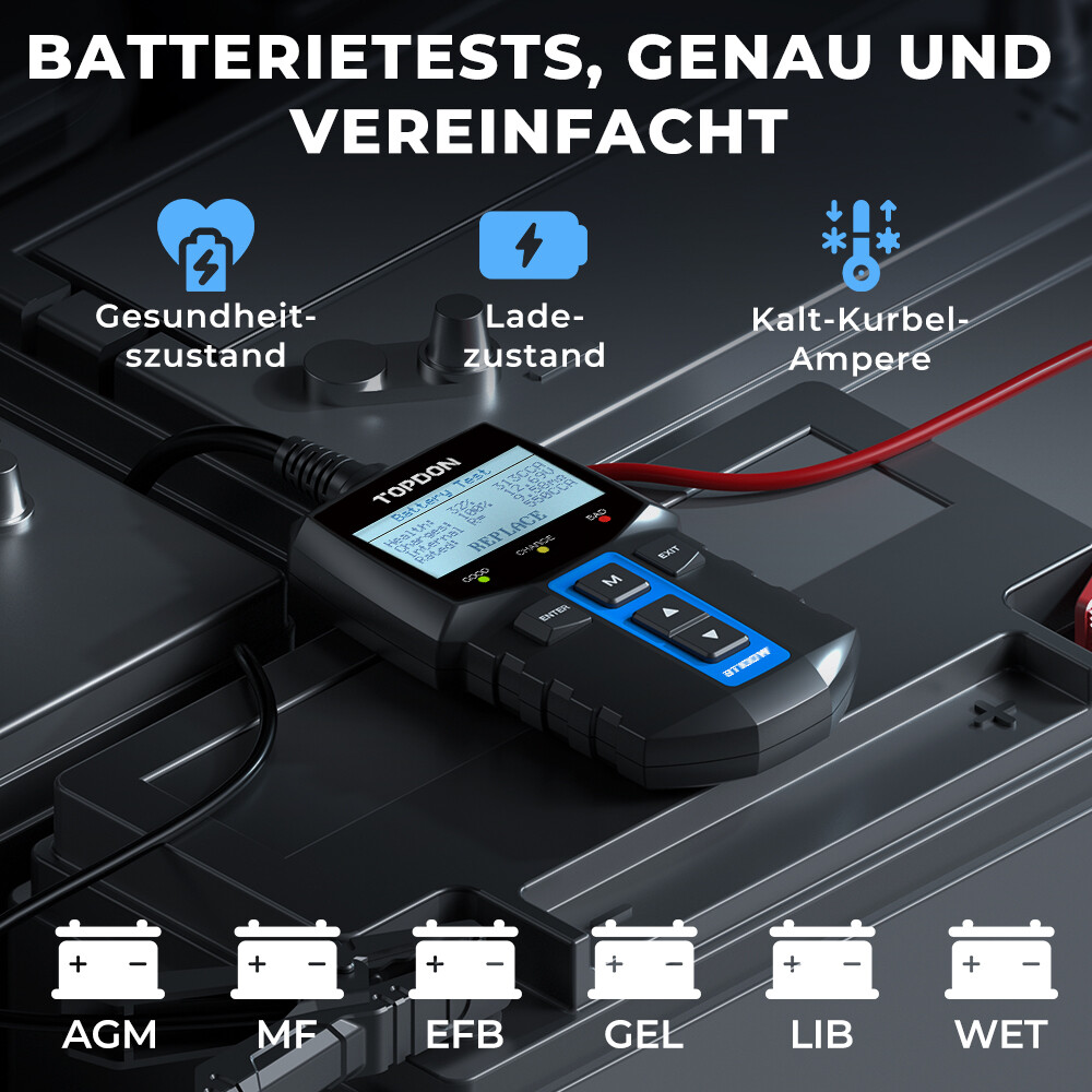 Topdon BT100W 12V Batterietester Auto Kurbeltest Bluetooth Mit APP Wireless GEL