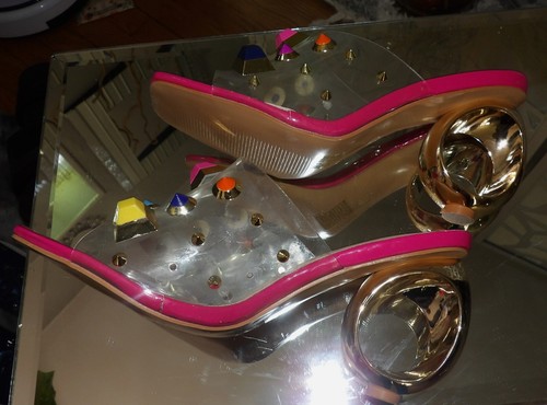 NINETY UNION COUTURE CLEAR/PINK/MULTI STUDDED CIRCURLAR HEEL SANDALS (SZ:7) - Picture 4 of 6