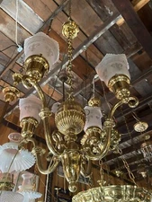 Restored Vintage Original 4 Arm Hanging Light Fixture W Etched Shades