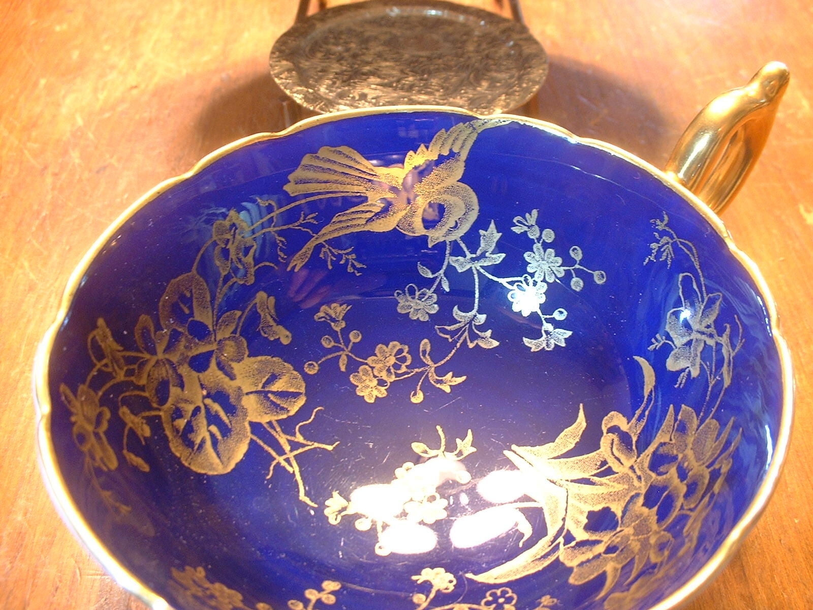 Antique Coalport Cobalt & Gold Cup & Saucer Decorated with Birds