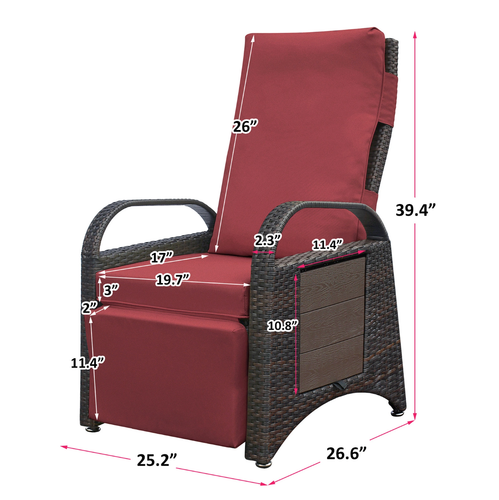 Outdoor Adjustable Recliner PE Wicker Chair With Side Table Red Cushions - Picture 11 of 11