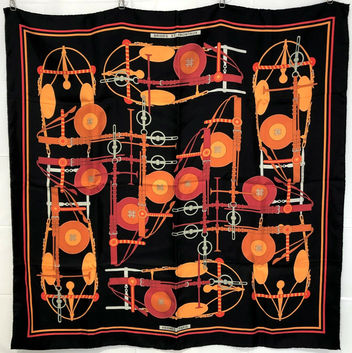 Rarely Used HERMES Silk Scarf BRIDES ET FRONTAUX 90 Black Rarely Used HERMES Silk Scarf BRIDES ET FRONTAUX 90 Black