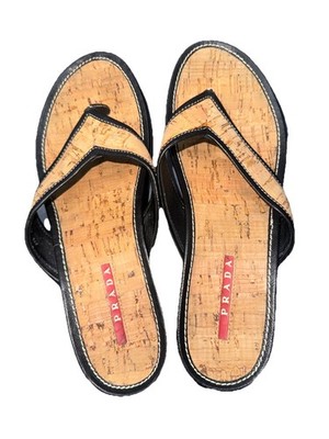 PRADA Women's Wedge Thong Sandals Cork Leather Black Beige Slip On Logo 37.5 EU