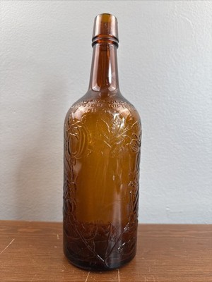 Duffy Pure Malt Whisky 1880s One Quart Amber Bottle Ornate Embossed Roses 11.5 
