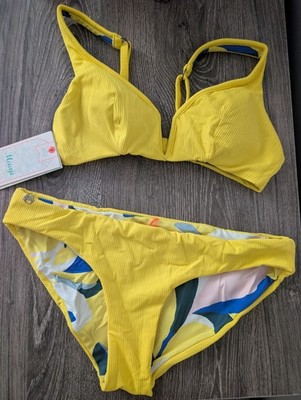 Maaji Yellow Ribbed Reversible Double V Neck, Low Waisted Bikini NWT