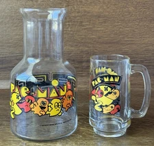 Vintage Pac-Man Glass Pitcher/ Carafe And Glass Mug Cup Bally Midway Mfg Co 1982