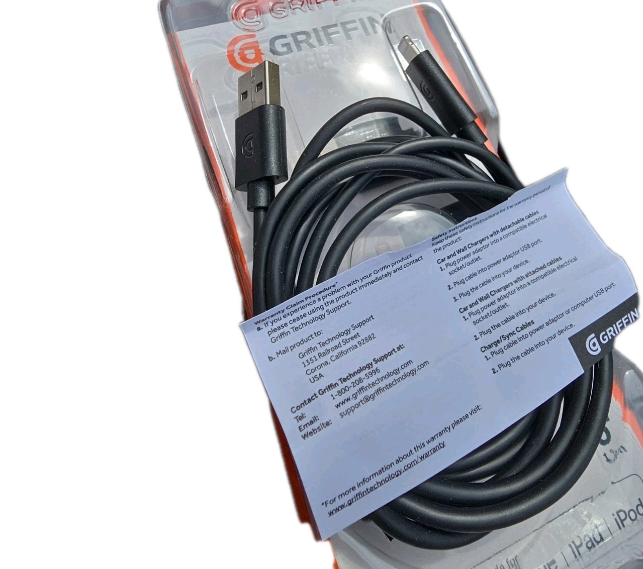 Griffin Lightning to USB-A Charge & Sync Cable 6ft Black MFi Certified iPhone