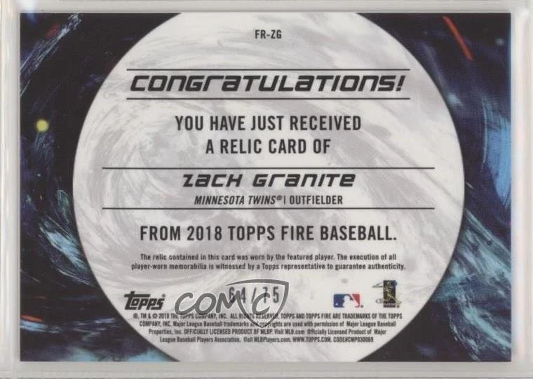2018 Topps Fire Relics Green /75 Zack Granite #FR-ZG Rookie RC - Image 2 of 2