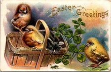 Antique Postcard Easter Greetings Spring Chicks Kitten Basket Clover 1909