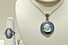 Vintage Blue White Classical Wedgwood Sterling Silver Necklace & Ring sz 5 3/4"