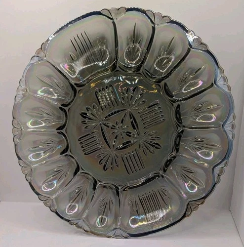 VTG 50s Federal Glass Deviled Egg Platter Georgetown Smoke Iridescent Carnival