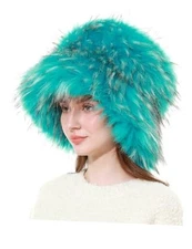 Womens Faux Fur Bucket Hat for Winter Fuzzy Fluffy Warm Ladies Fisherman Blue