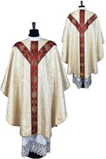 White-gold Semi-Gothic style Chasuble, Brocade vestment, red orphrey