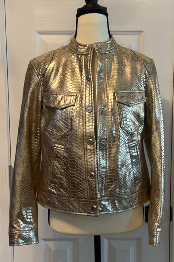 NWT Lauren Ralph Lauren Metallic Embossed Lambskin Moto Jacket Size 4